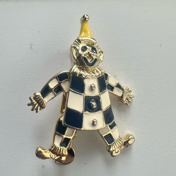 Jewelry - Gold Tone Clown Pin with Navy and Cream Enamel